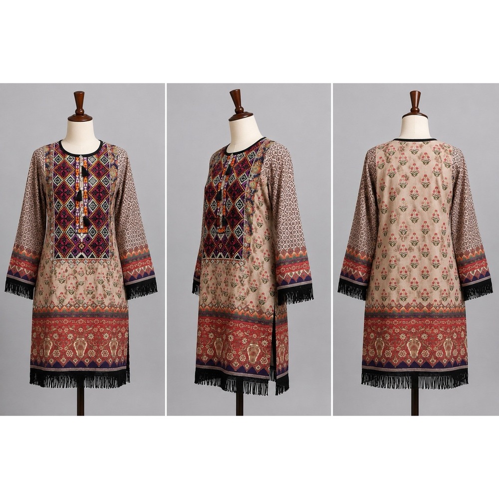 Pakistani Indian Kurti Tunic Women Beige Multicolor Embroidered Fringe A48